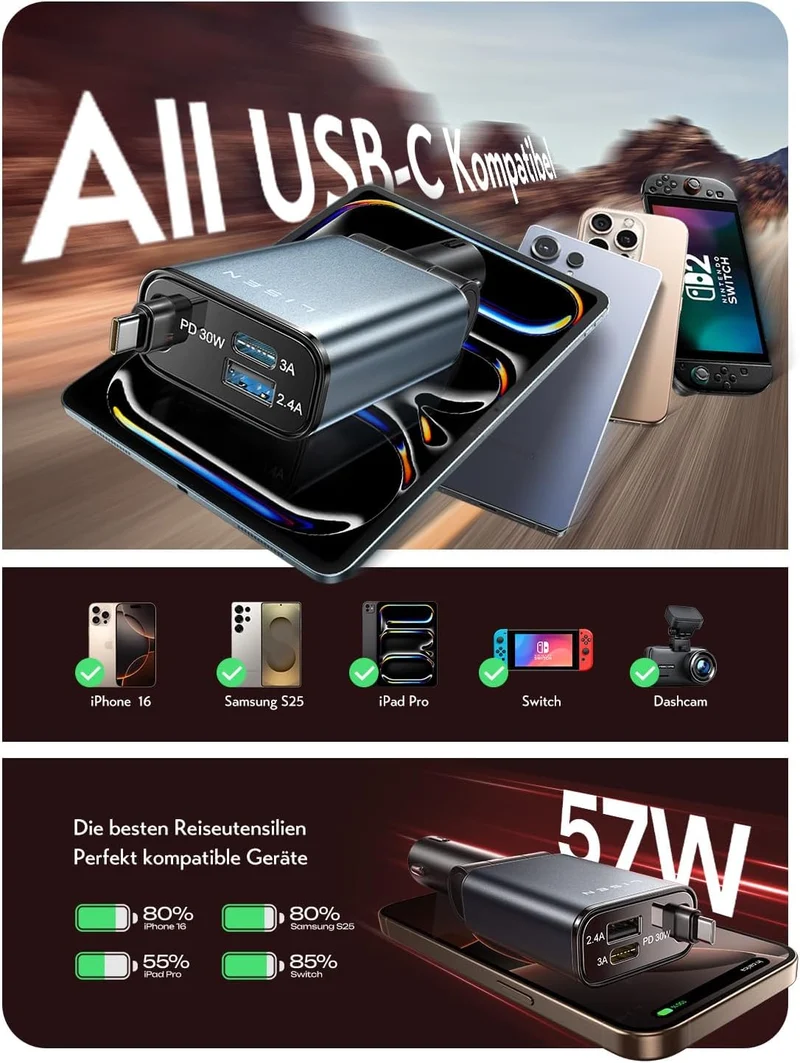 LISEN 57 W Zigarettenanzünder USB C 3-in-1-Autoladegerät