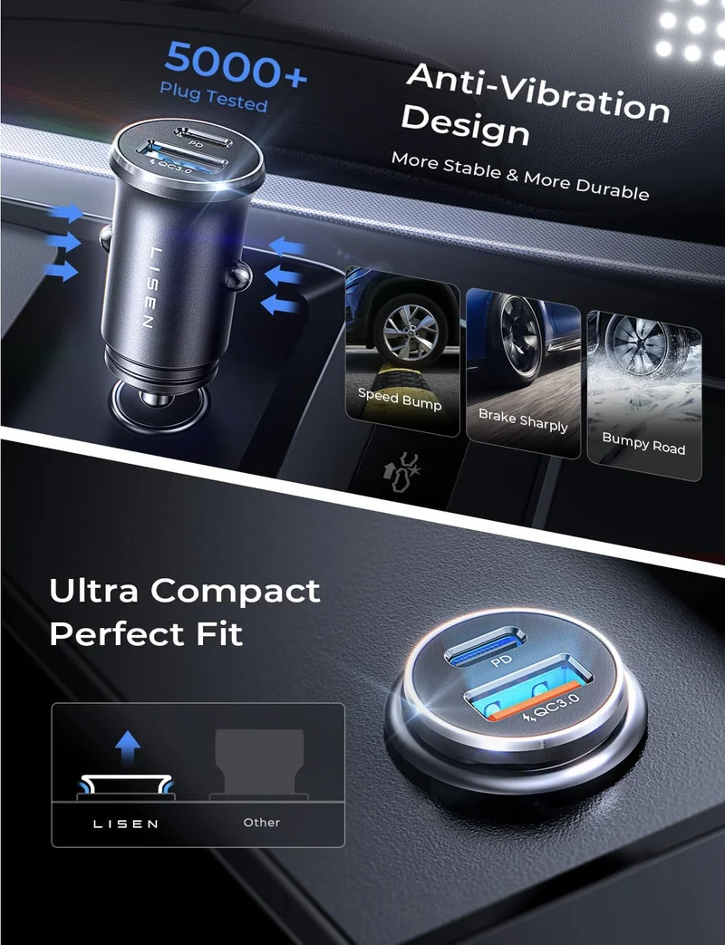 LISEN Auto-Ladegerät USB C Super Mini Schnellladung PD36W & QC3.0 18W Dual-Port