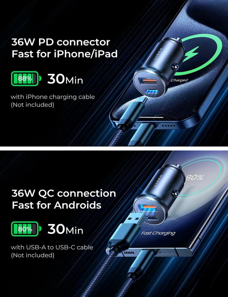 LISEN Auto-Ladegerät USB C Super Mini Schnellladung PD36W & QC3.0 18W Dual-Port
