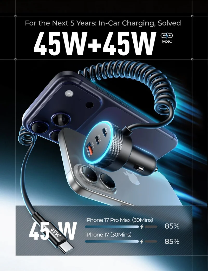LISEN 90W für iPhone 17 16 15 Pro Max Auto-Ladegerät USB C Schnellladung