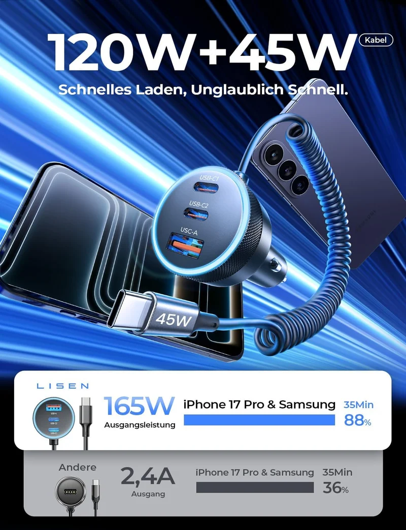 LISEN 4-in-1 Zigarettenanzünder USB-Ladegerät Kfz-Ladegerät Schnellladung
