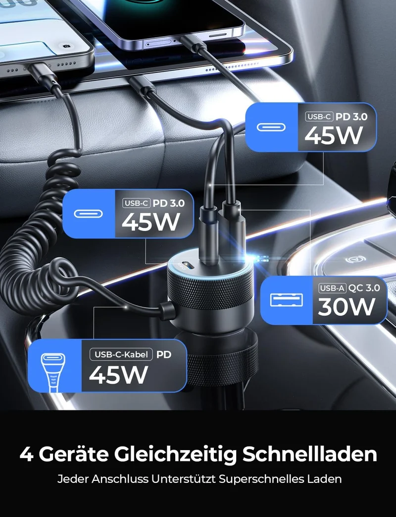 LISEN 4-in-1 Zigarettenanzünder USB-Ladegerät Kfz-Ladegerät Schnellladung