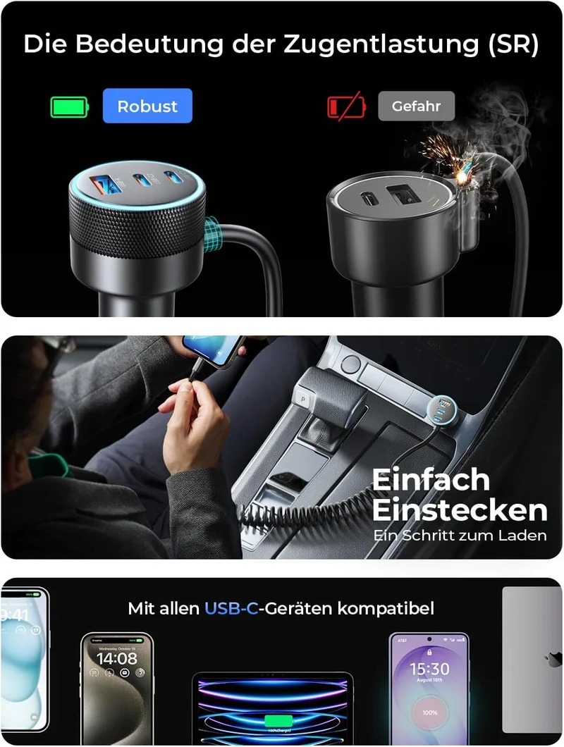 LISEN 4-in-1 Zigarettenanzünder USB-Ladegerät Kfz-Ladegerät Schnellladung