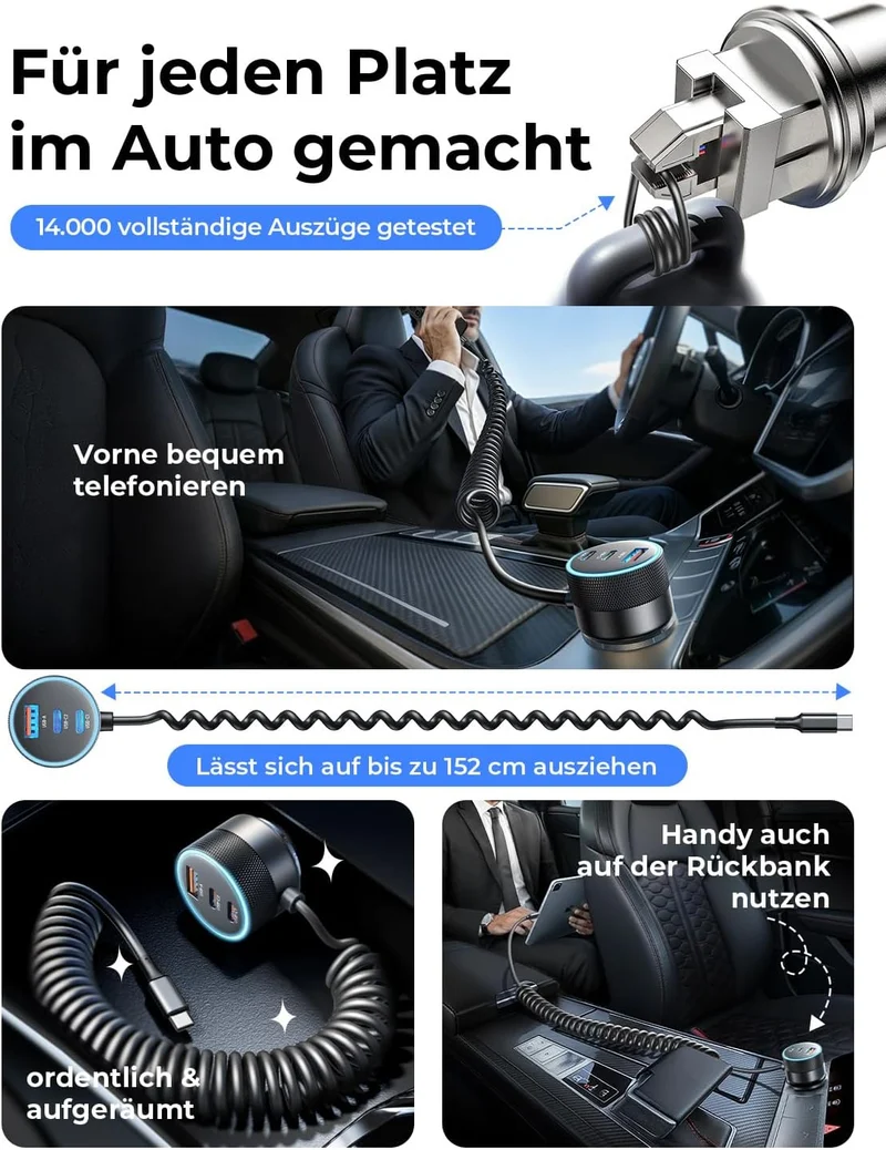 LISEN 4-in-1 Zigarettenanzünder USB-Ladegerät Kfz-Ladegerät Schnellladung