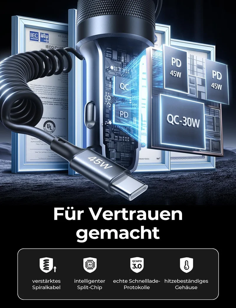 LISEN 4-in-1 Zigarettenanzünder USB-Ladegerät Kfz-Ladegerät Schnellladung