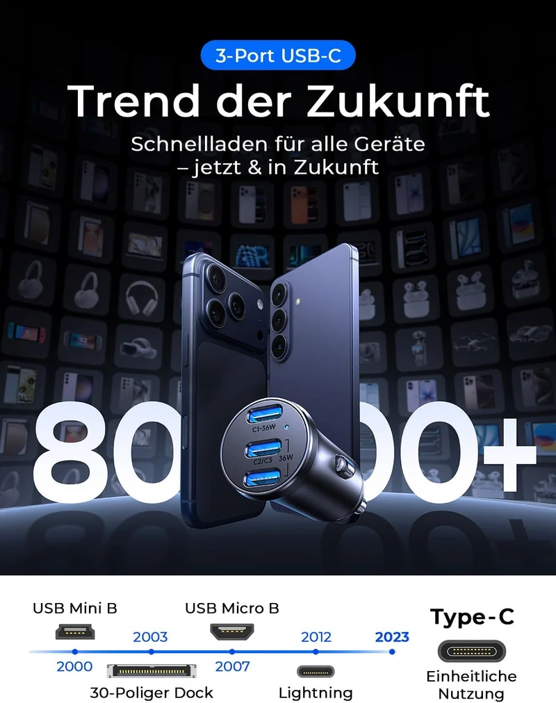 LISEN Mini-USB-C-Autoladegerät, 12 V, Schnellladung, Zigarettenanzünder