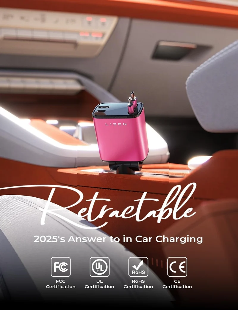 LISEN einziehbares Auto-Ladegerät 4 in 1, schnelles Auto-Handy-Ladegerät mit 80 cm Kabel