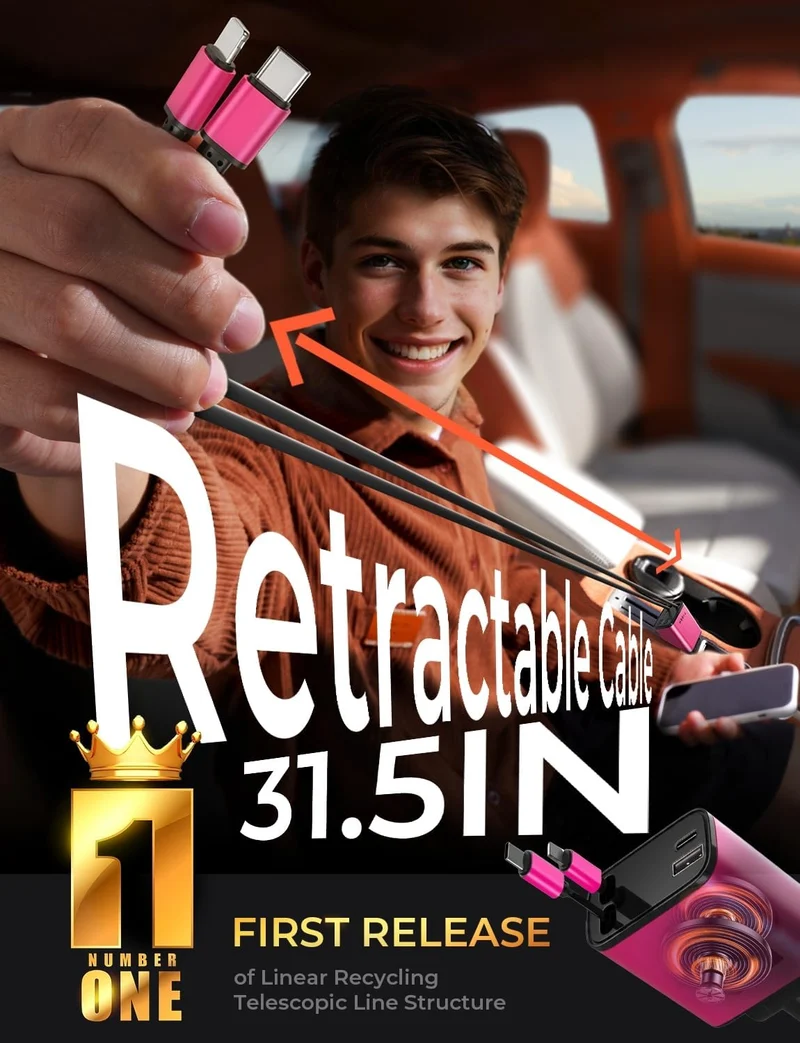 LISEN einziehbares Auto-Ladegerät 4 in 1, schnelles Auto-Handy-Ladegerät mit 80 cm Kabel