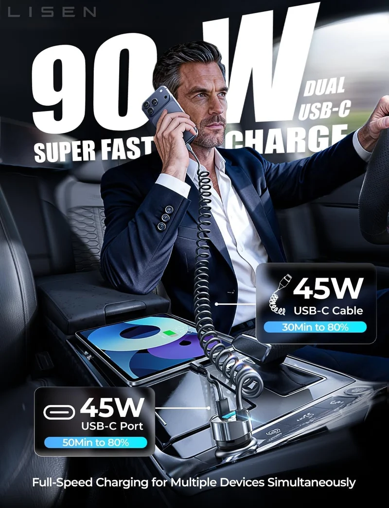 LISEN 90W für iPhone 17 16 15 Pro Max Autoladegerät USB C Schnellladung, Super schnell für iPhone 17 16 Autoladegerät USB C Adapter für iPhone 17e 16 15 Pro Max Plus Air, Samsung Galaxy S26 Ultra, Android