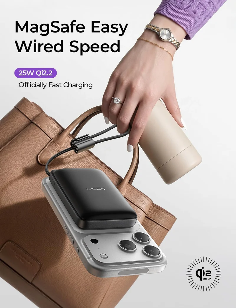 LISEN Qi2.2 25W für Magsafe Powerbank, 65W USB C Schnellladung (Schwarz)