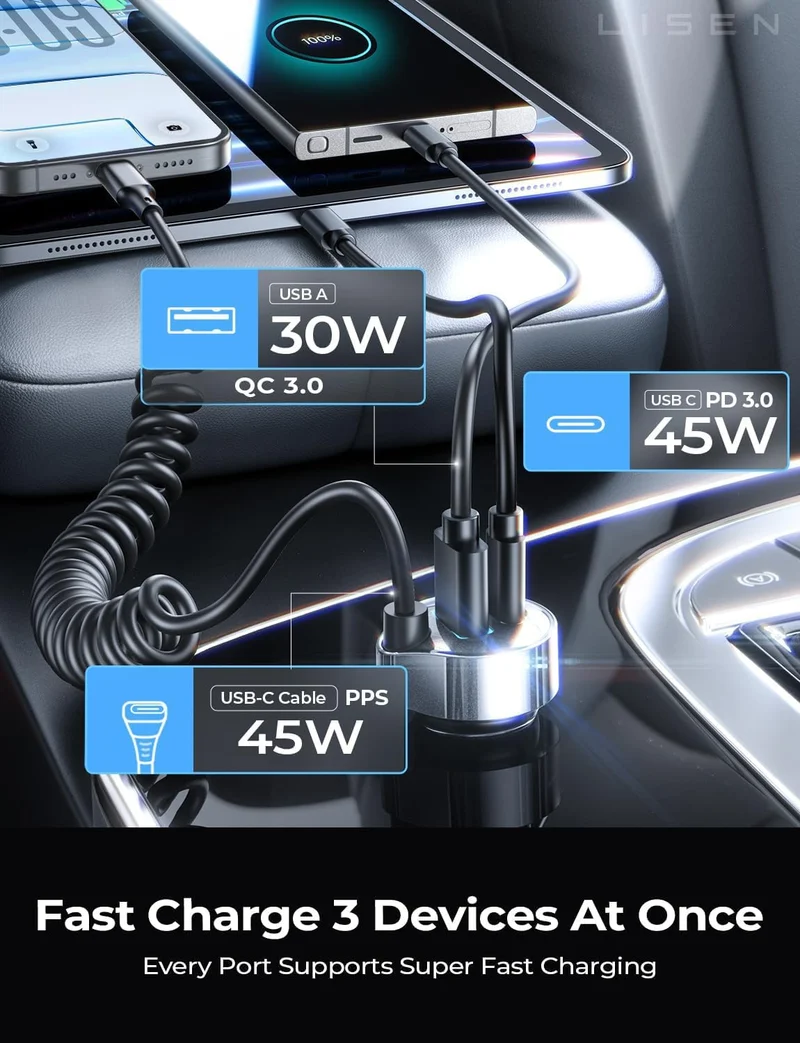 LISEN 90W USB-C Schnellladegerät fürs Auto