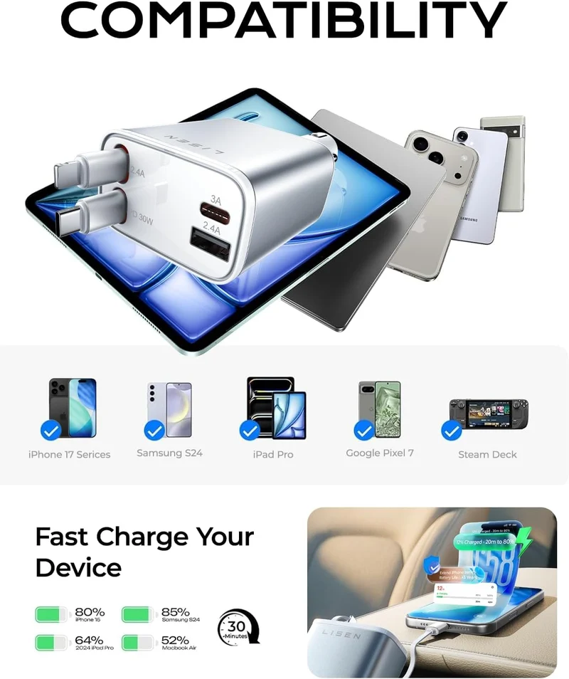 LISEN für iPhone 17 Einziehbares Autoladegerät