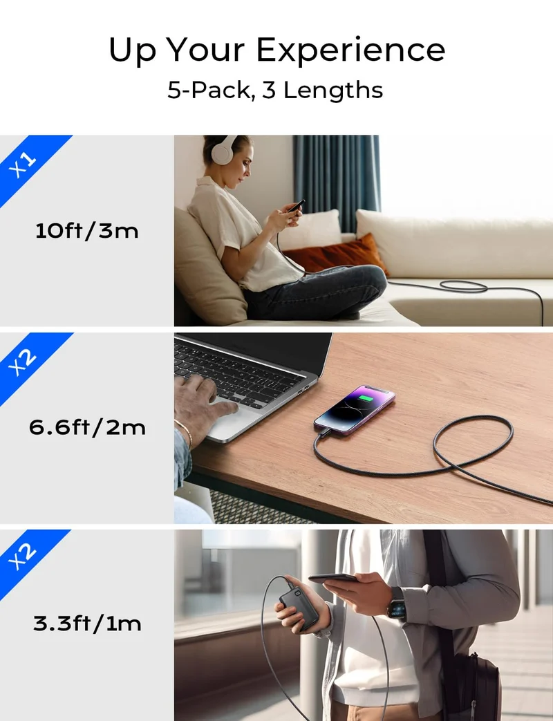 Lisen USB-C-zu-C-Kabel [60 W, 5er-Pack]