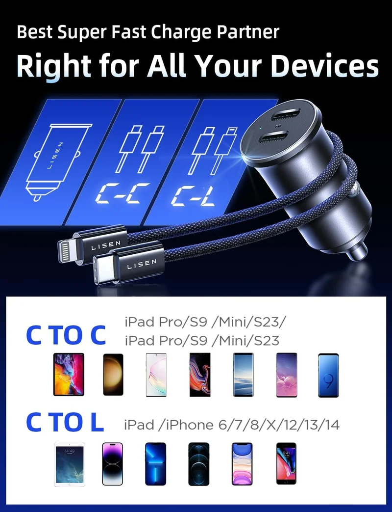 LISEN 90W USB-C Autoladegerät mit Schnellladefunktion für iPhone 17