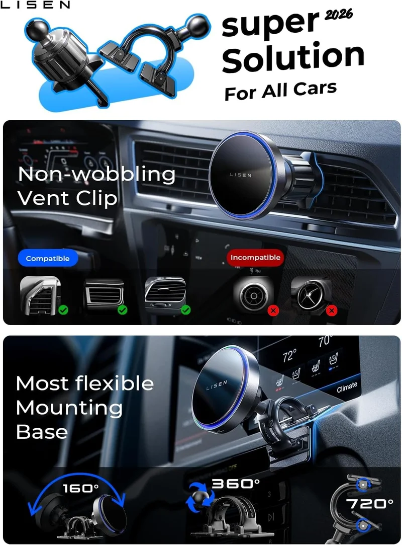 LISEN für 15W MagSafe Autoladegerät, Magnetisches Kabelloses Autoladegerät für iPhone 17 Pro Max Zubehör, Magnetischer Handyhalter für iPhone 17-12, Samsung, Pixel 9, Jeep Ford F150 Zubehör, Geschenke