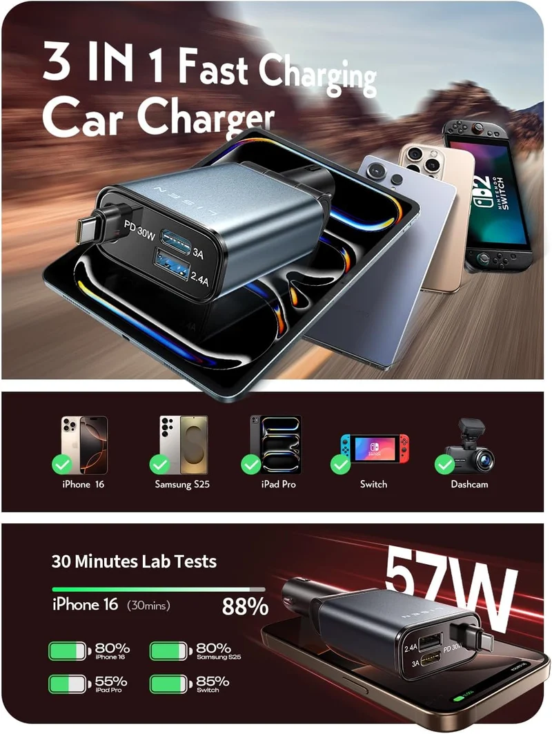LISEN Ausziehbares USB-C-Schnellladegerät für Autos