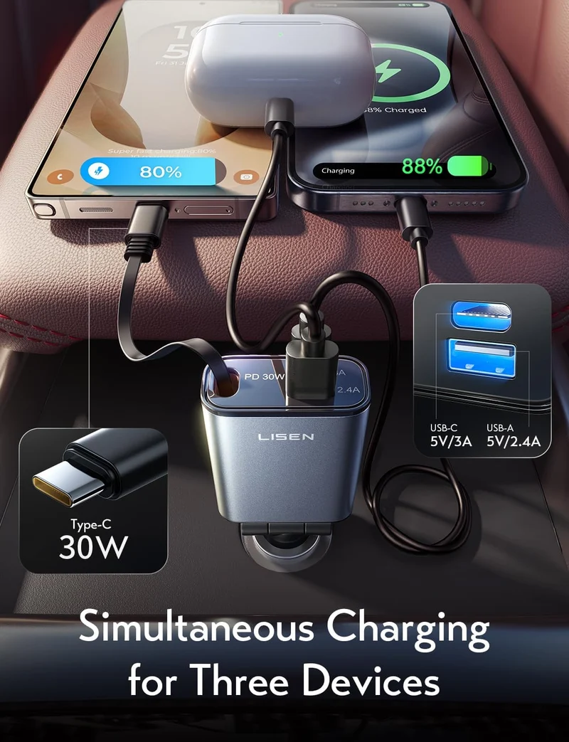 LISEN Ausziehbares USB-C-Schnellladegerät für Autos