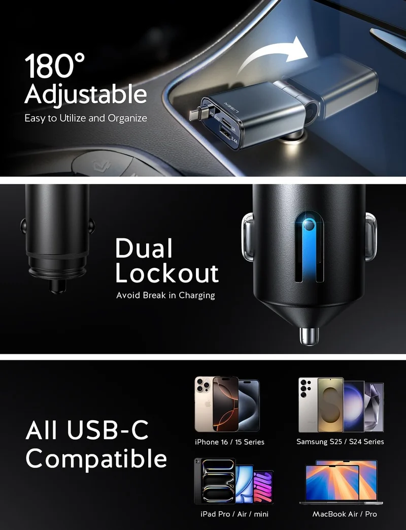 LISEN Ausziehbares USB-C-Schnellladegerät für Autos