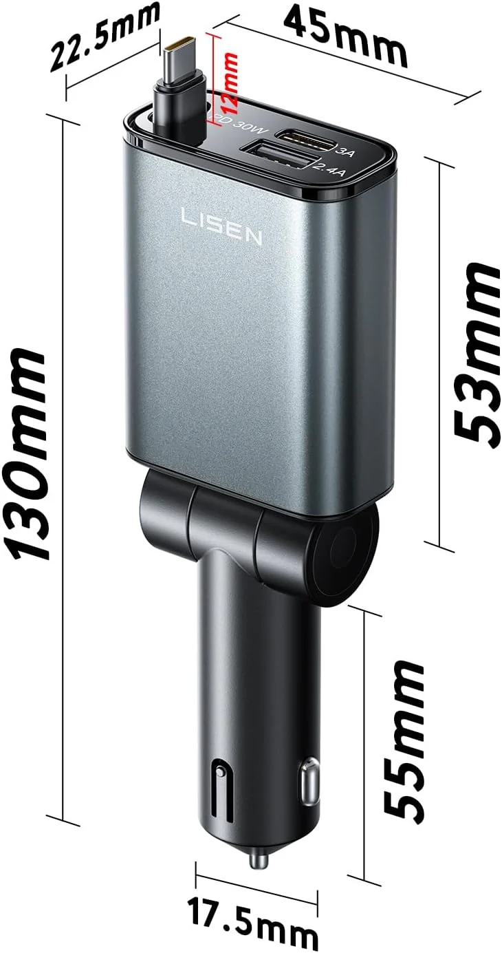 LISEN Ausziehbares USB-C-Schnellladegerät für Autos