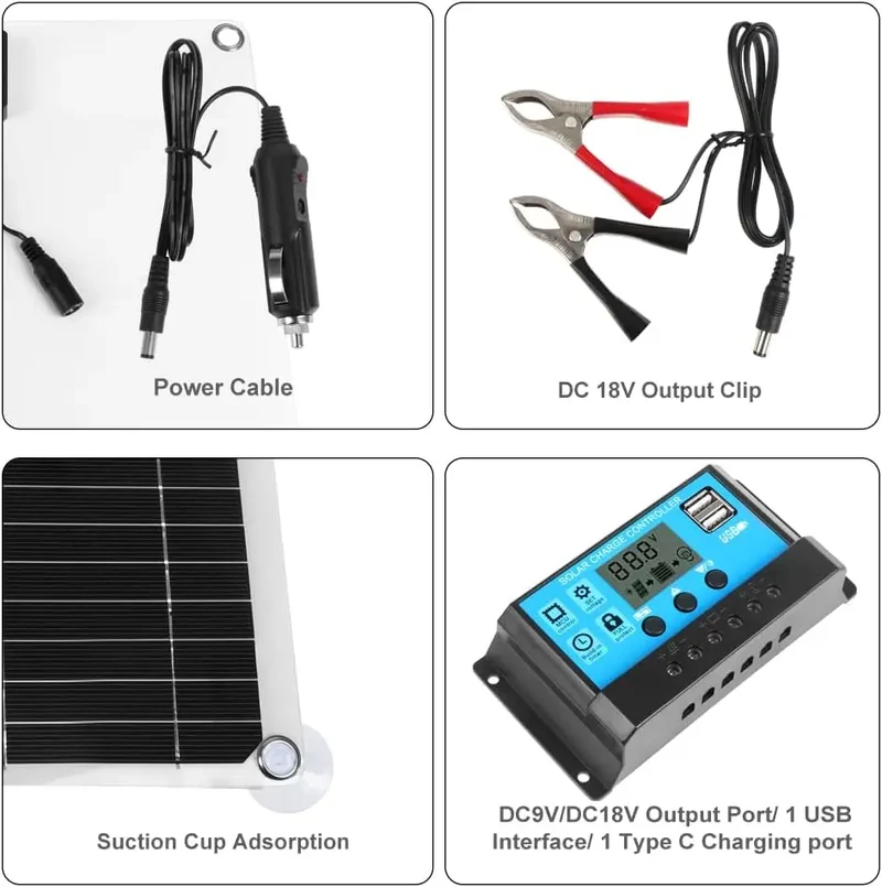 200 Watt Flexible Solar Panel Kit Dual 5V 12V USB Outputs 100A Solar Charge Controller for Home RV Grid Applications for Camping