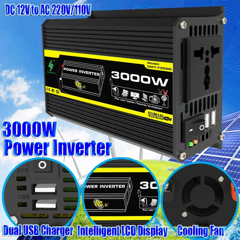 DC 12V To AC 110/220V Intelligent Power Inverter Dual USB Car Voltage Transformer 3000W Digital Power Inverter Built-in Fuse