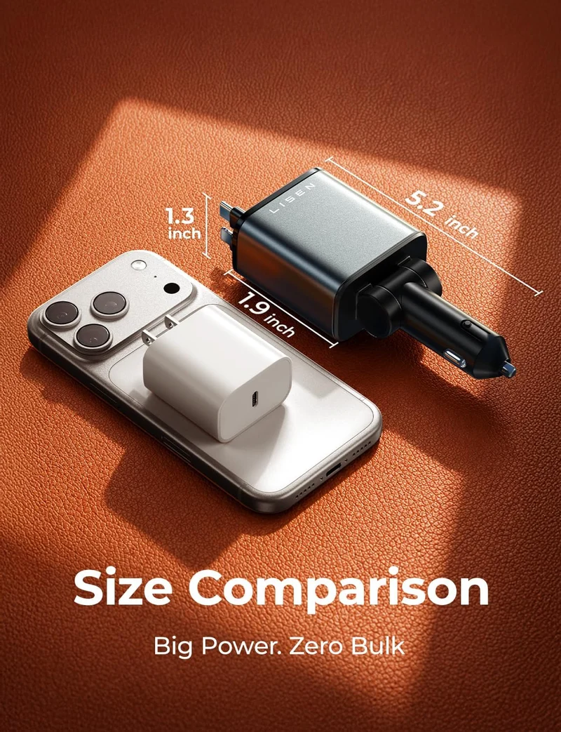 LISEN Retractable Car Charger, 84W Car Charger USB C Fast Charge, Duo Cable