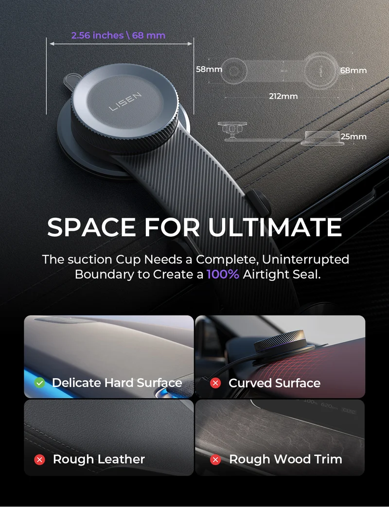 LISEN for MagSafe Car Mount, Magnetic Phone Holder for Car, Vacuum Suction Cup Phone Mount, Magnetic Car Phone Mount 24 Strong Magnets, 360° Adjustable Memory Alloy Bendable Arm for iPhone 17 Pro Max