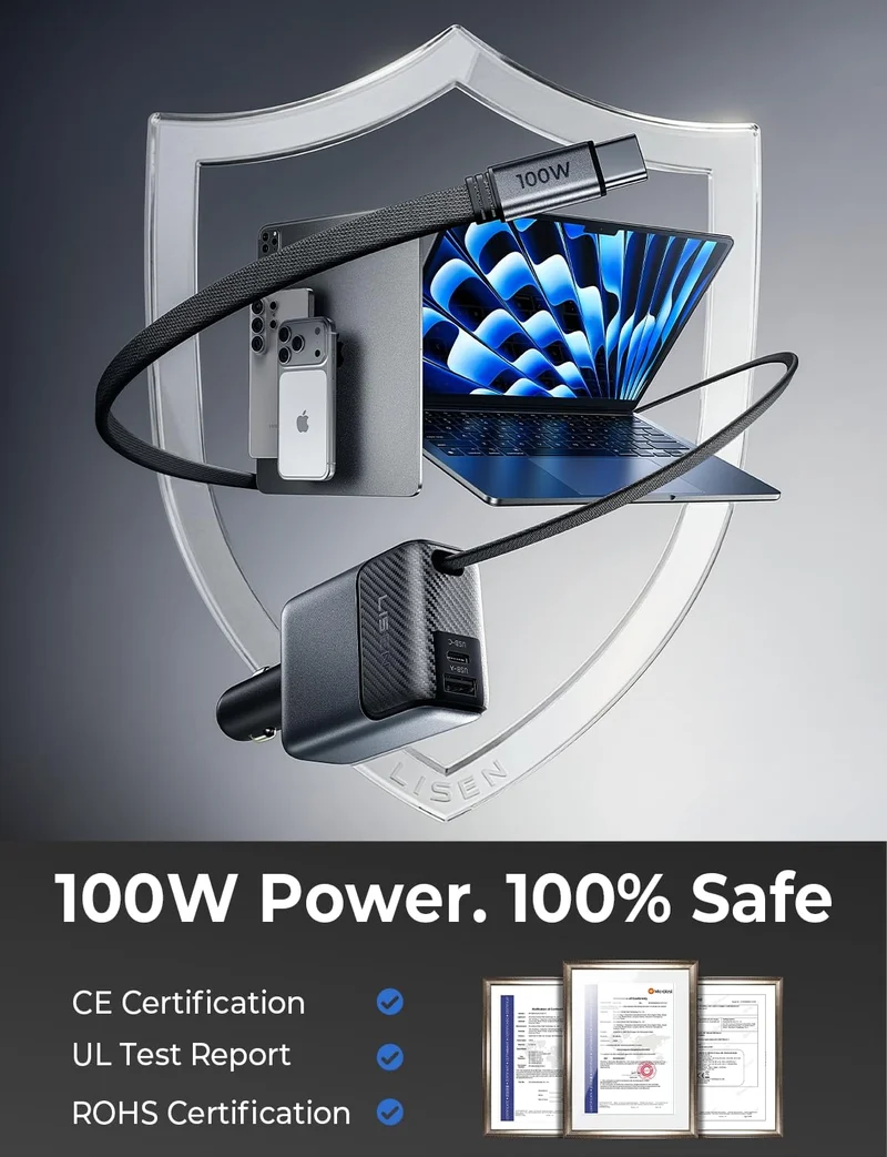 LISEN 100W Single Retractable Cable Car Charger, USB C Super Fast, 154W Max [100W on One Cable for Laptop] Fast Charging for Samsung S26/S25 Ultra, iPhone 17/16 Pro Max, MacBook, Pixel, iPad, AirPods