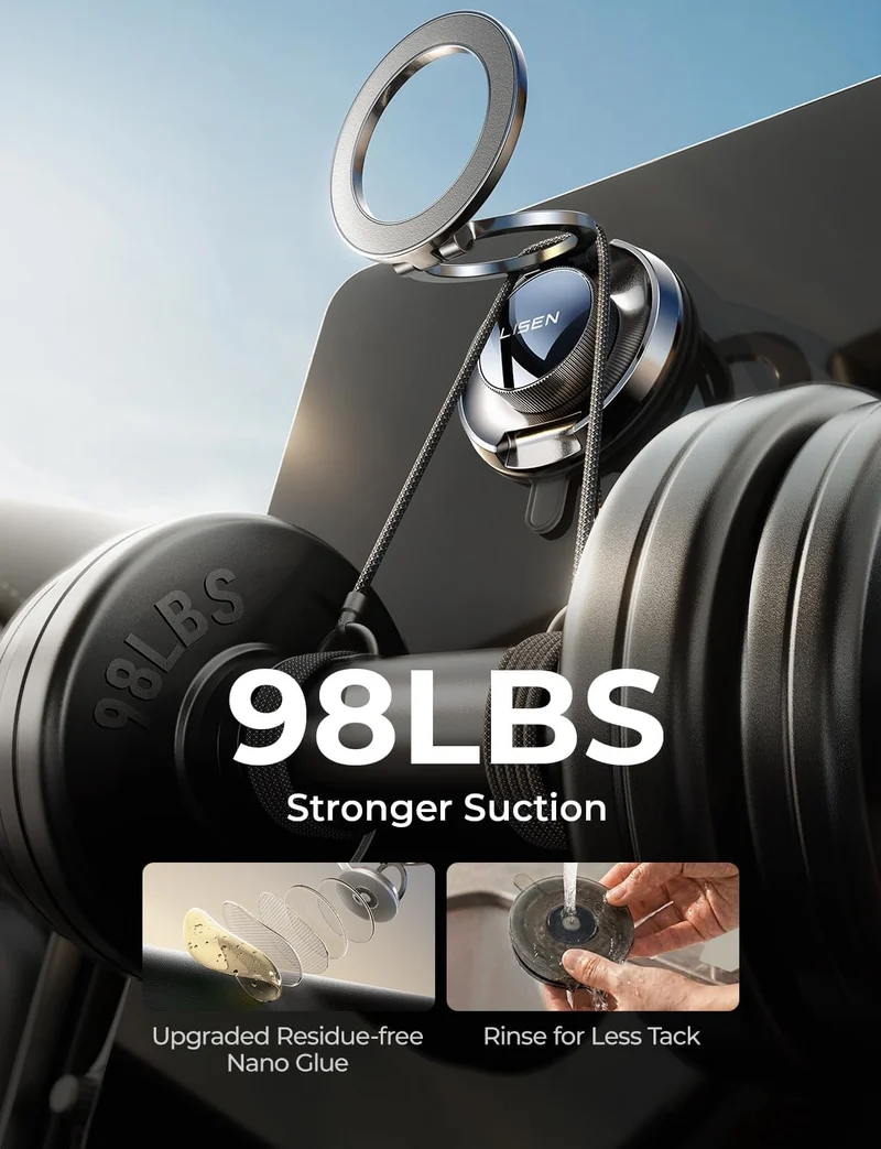 LISEN Suction Phone Mount for Vacuum [All-Metal & Nano Gel 98+LBS Suction] 360 Adjustable Vacuum Magnetic Phone Holder for Car, for Magsafe Car Mount for iPhone 17 Pro Max 16 15 14 13 12