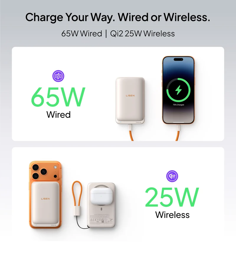 LISEN 10000mAh Qi2 MagSafe Powerbank mit abnehmbarem Kabel