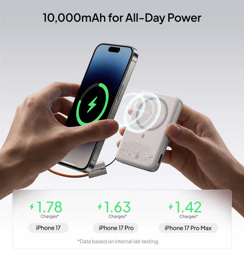 LISEN 10000mAh Qi2 MagSafe Powerbank mit abnehmbarem Kabel
