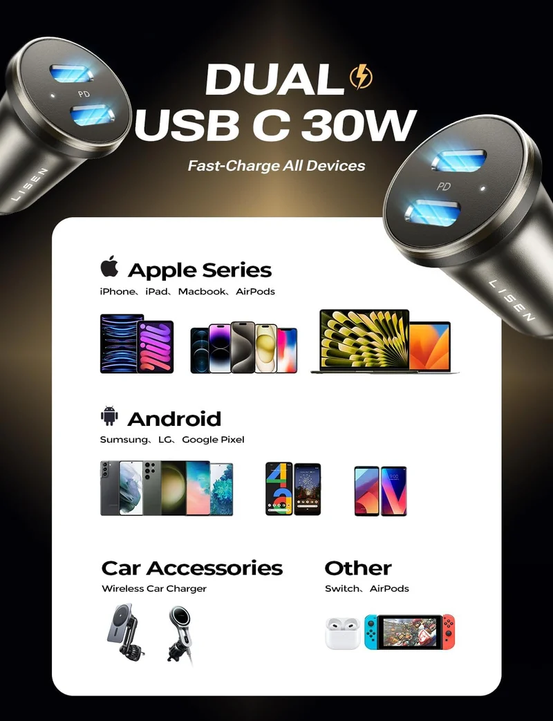 LISEN 60W Dual Port USB C Kfz-Ladegerät für den Zigarettenanzünder