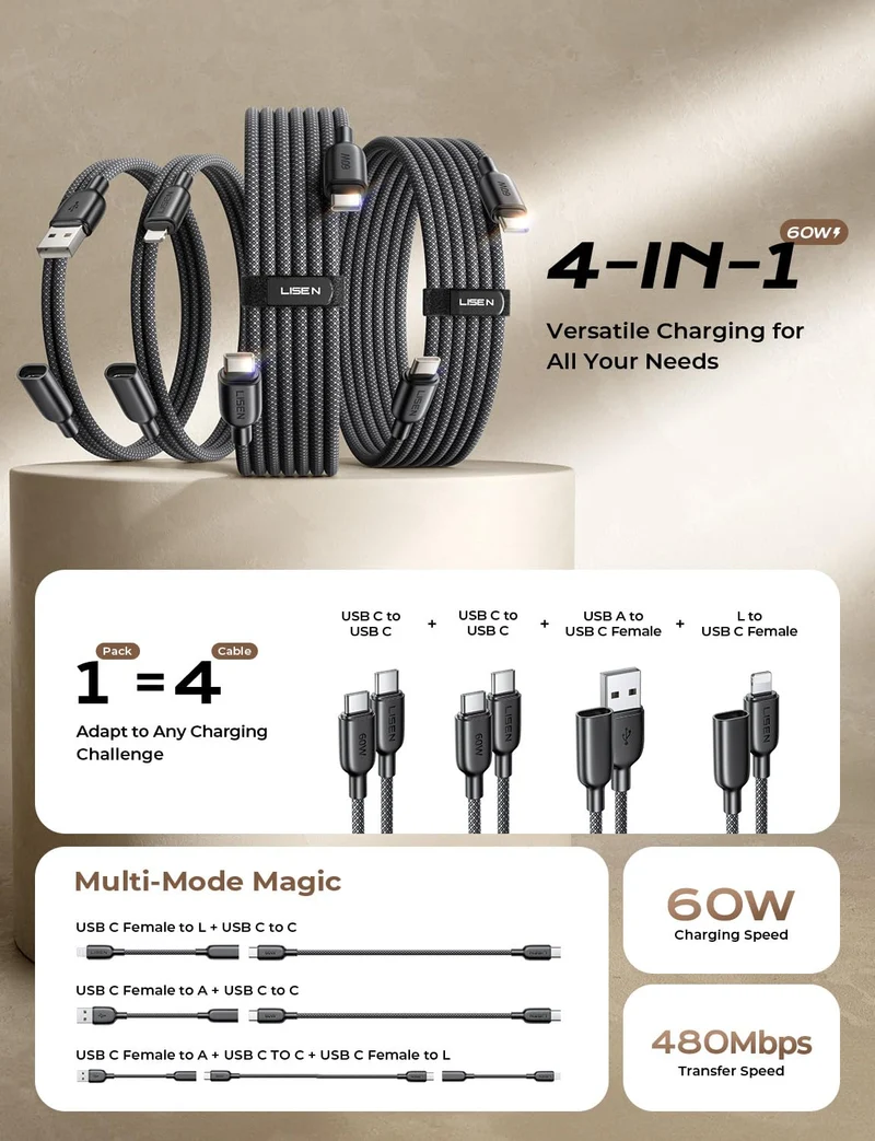 LISEN 4-in-1-Ladekabel, 4er-Pack [0,51 m + 0,51 m + 2 m + 2 m]