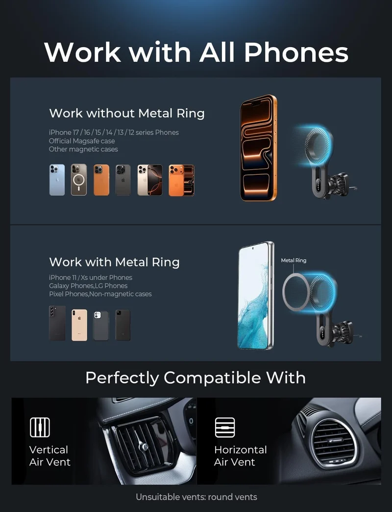 LISEN for iPhone 18 MagSafe Car Mount, Magnetic Phone Holder for Car Vent Phone Mount, Magnetic Car Phone Holder iPhone Car Mount, Air Vent Car Phone Mount Gifts for iPhone 18 17 16, Carbon Fiber