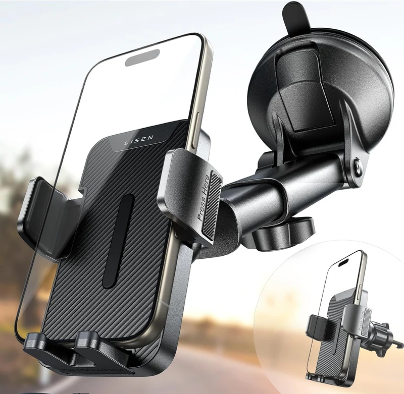 LISEN for iPhone 18 Pro Max Car Phone Holder 2-in-1 Suction Cup Moun-Black