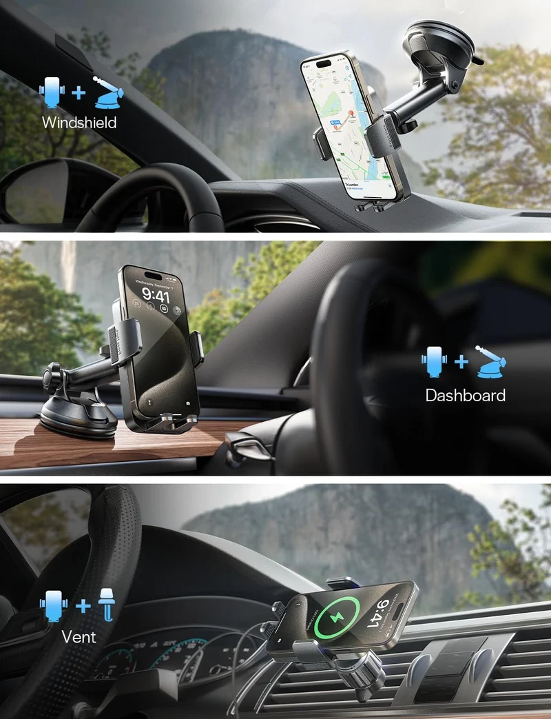 LISEN for iPhone 18 Pro Max Car Phone Holder 2-in-1 Suction Cup Moun-Black