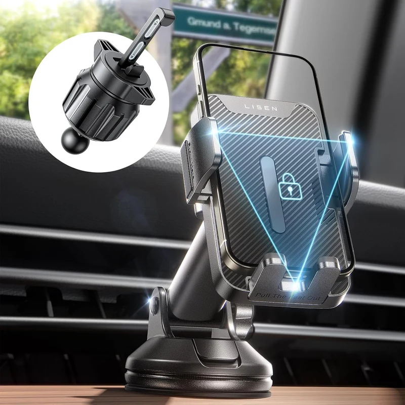 LISEN for iPhone 18 Pro Max Car Phone Holder 2-in-1 Suction Cup Moun-Black