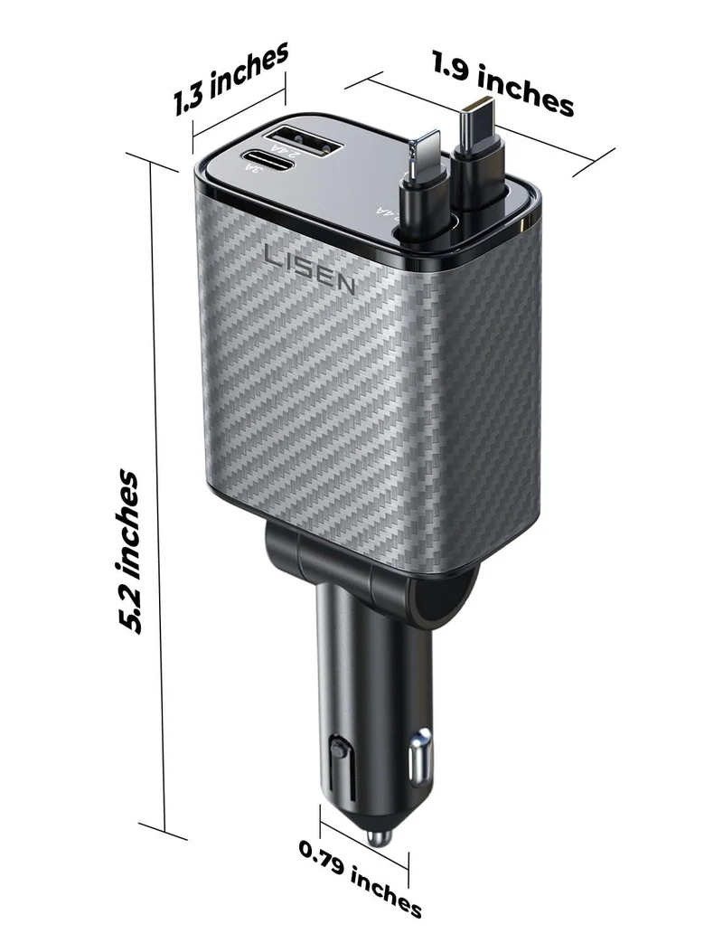 LISEN Retractable Car Charger, 84W Car Charger USB C Fast Charger Adapter, Car Accessories for Men Women, Gifts for Fathers Day for Men Dad Husband, for iPhone 17 16 15 14 13 12 Pro Max, Carbon-Grey