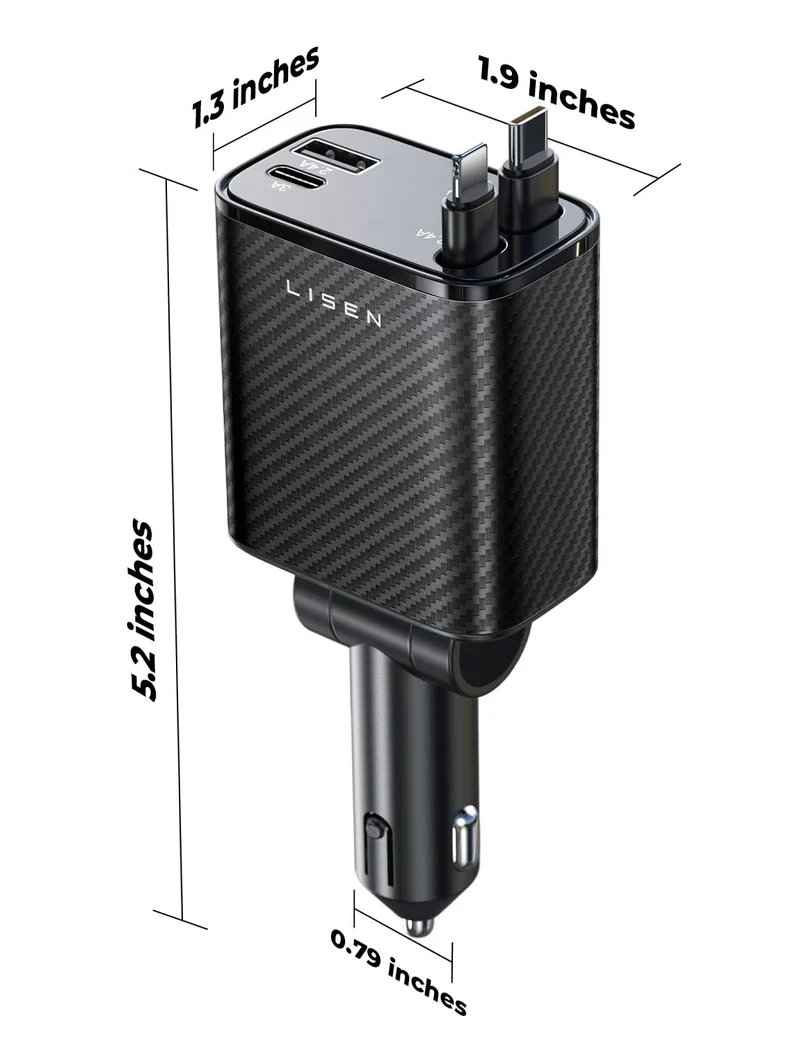 LISEN Retractable Car Charger, 84W Car Charger USB C Fast Charger Adapter, Car Accessories for Men Women, Gifts for Fathers Day for Men Dad Husband, for iPhone 17 16 15 14 13 12 Pro Max, Carbon-Black