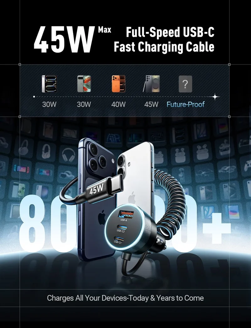 LISEN 4-in-1 Cigarette Lighter USB Charger Fast Charge Metal 12/24V Adapter 2×45W USB‑C+30W USB‑A+45W C Cable, 24V Car Phone Charger PD3.0/QC/PPS for iPhone 18 Samsung