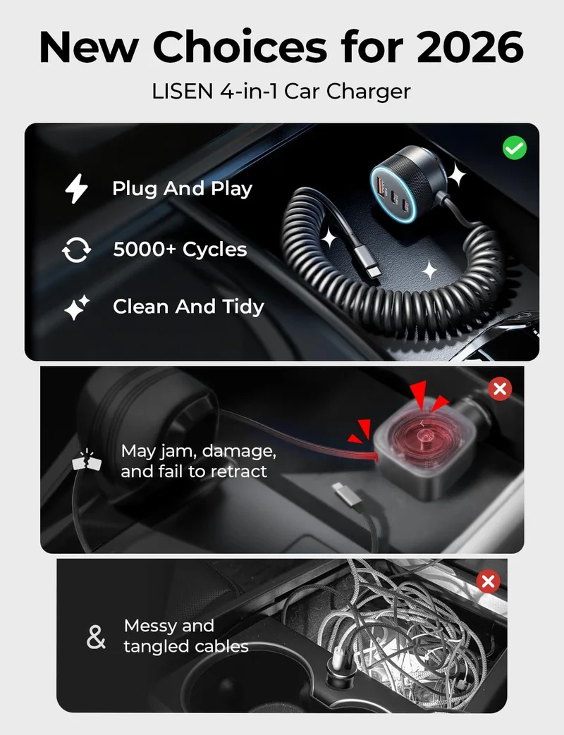 LISEN 4-in-1 Cigarette Lighter USB Charger Fast Charge Metal 12/24V Adapter 2×45W USB‑C+30W USB‑A+45W C Cable, 24V Car Phone Charger PD3.0/QC/PPS for iPhone 18 Samsung