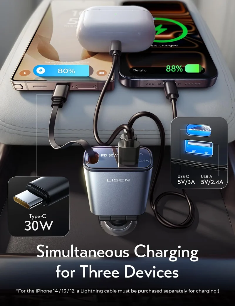 LISEN Compact 3 in 1 Retractable Car Phone Charger USB C Fast Charge 57W Cigarette Lighter USB Charger 80cm Type-C Cable, 12/24V Car Adapter Socket Car Accessories