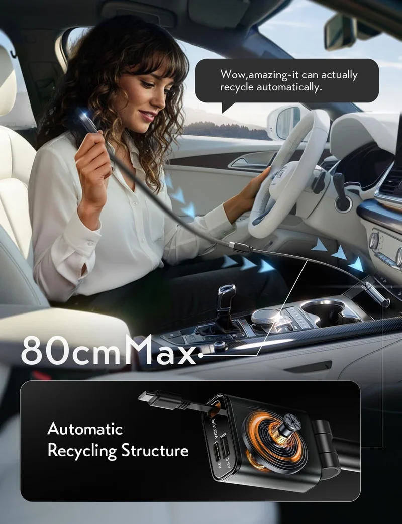 LISEN Compact 3 in 1 Retractable Car Phone Charger USB C Fast Charge 57W Cigarette Lighter USB Charger 80cm Type-C Cable, 12/24V Car Adapter Socket Car Accessories