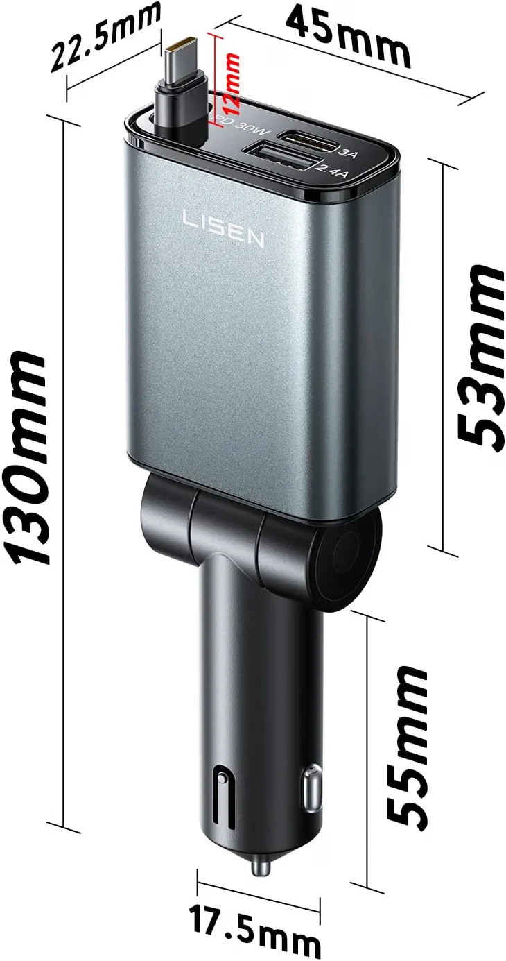 LISEN Compact 3 in 1 Retractable Car Phone Charger USB C Fast Charge 57W Cigarette Lighter USB Charger 80cm Type-C Cable, 12/24V Car Adapter Socket Car Accessories