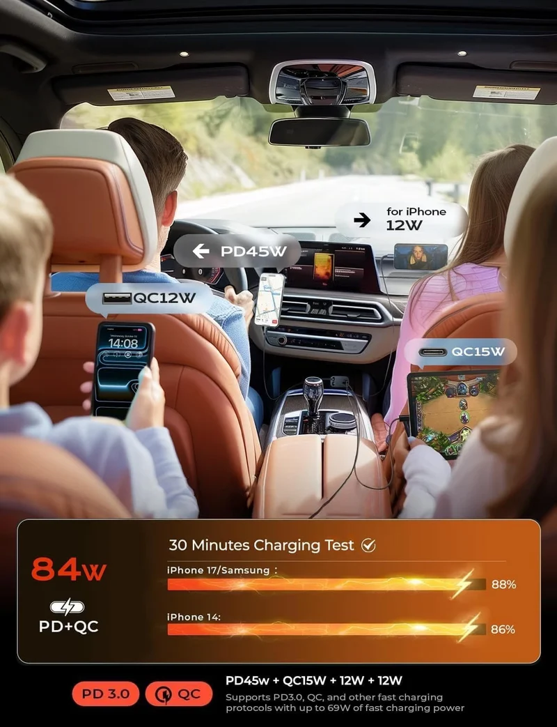 Birthday for Women Men Drivers - LISEN 4 in 1 Car Charger 84W Retractable 12V USB C Adapter Socket Cigarette Lighter Charger Car Accessories Gadgets for iPhone 17 15
