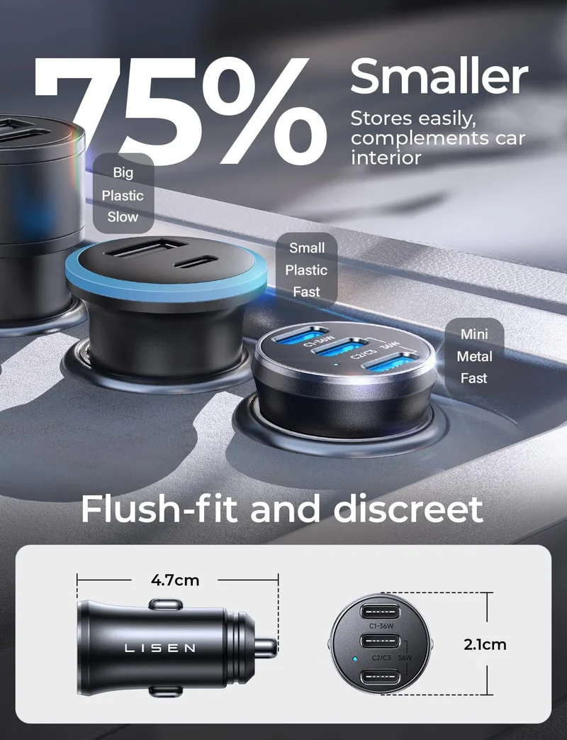 LISEN Smallest USB C Car Charger Fast Charge 3‑Port (36W PD/33W PPS/QC3.0)