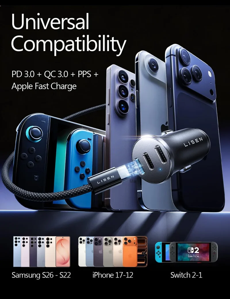 LISEN Smallest USB C Car Charger Fast Charge 3‑Port (36W PD/33W PPS/QC3.0)