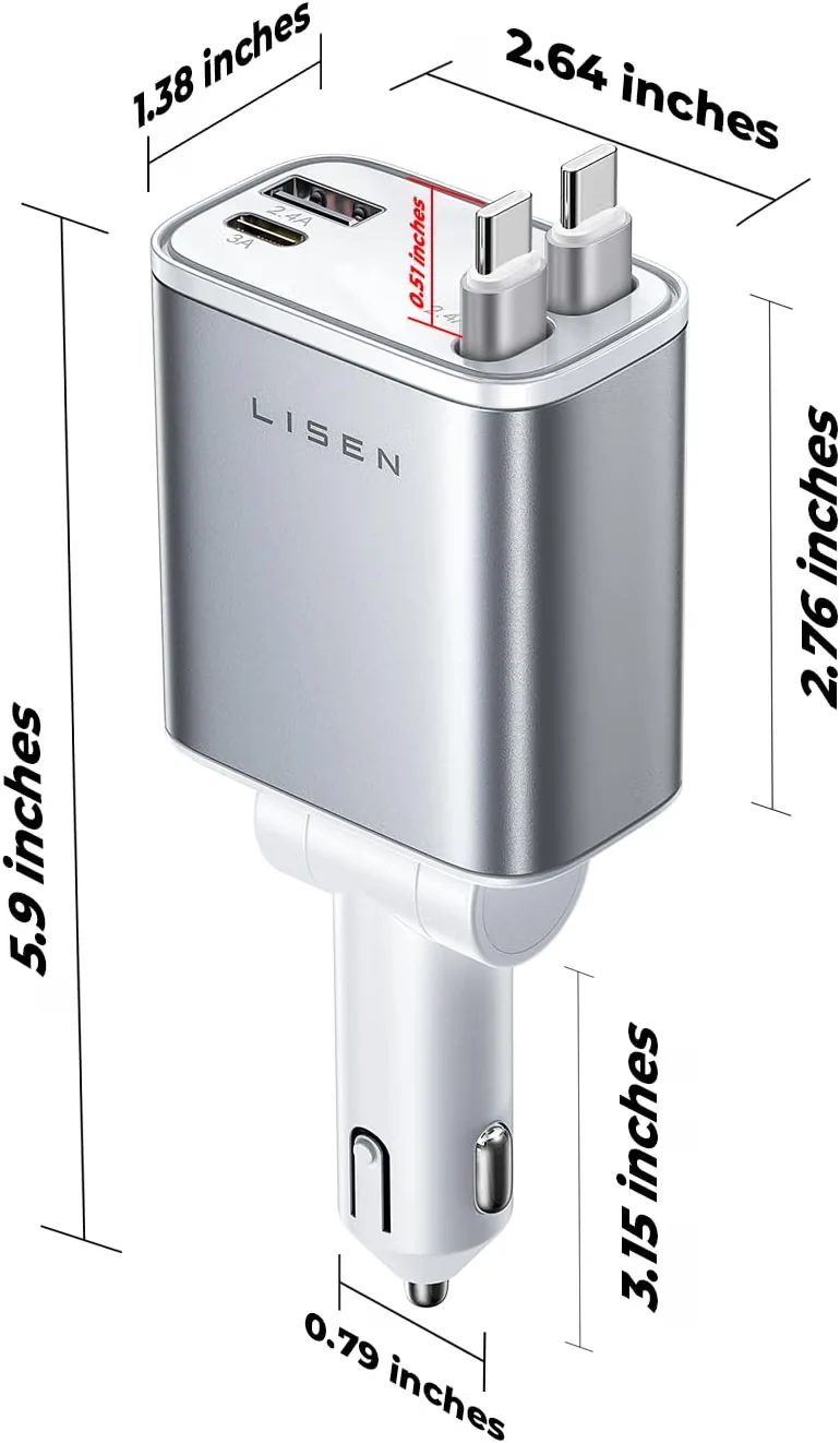 LISEN Retractable Car Charger USB C Fast Charge for iPhone 17 16 15 Pro Max