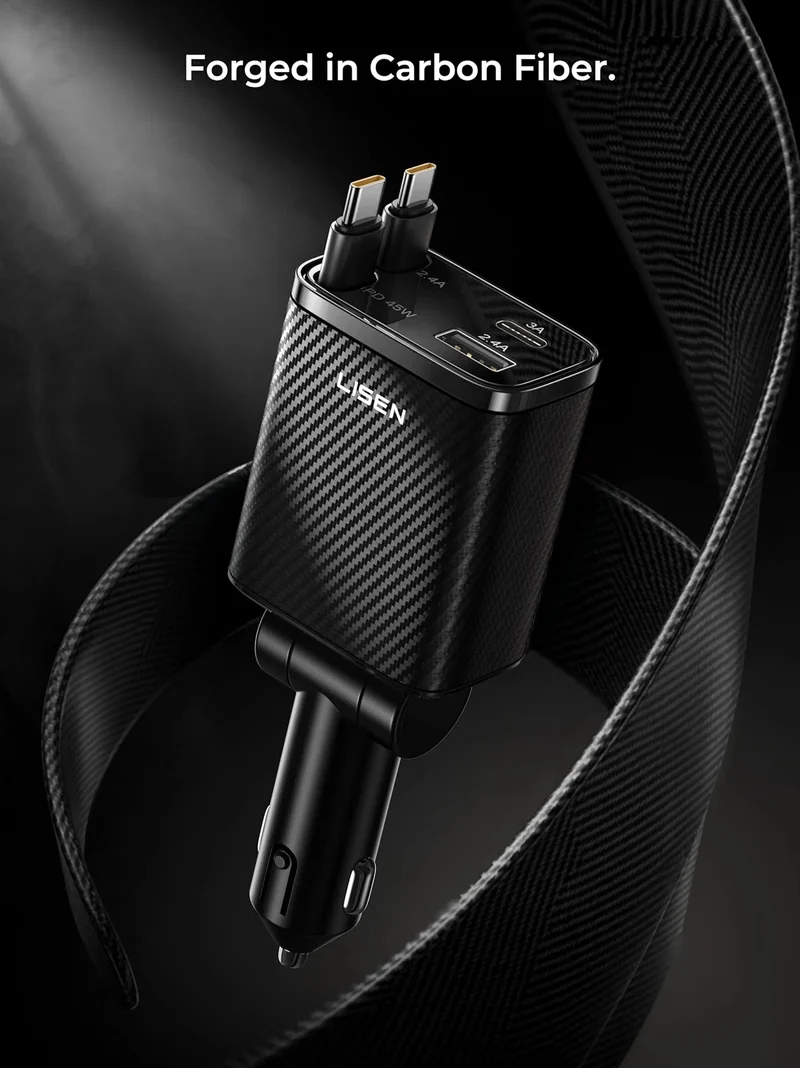 LISEN Retractable Car Charger USB C [Upgraded Dual Type C] 75W Fast 4 in 1 Car Charger for iPhone 17, Gifts for Him Her Men Women, Carbon Black