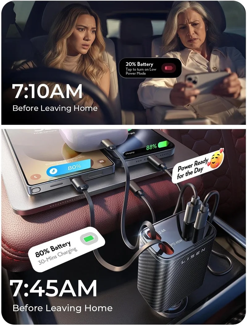 LISEN Retractable Car Charger USB C [Upgraded Dual Type C] 75W Fast 4 in 1 Car Charger for iPhone 17, Gifts for Him Her Men Women, Carbon Black